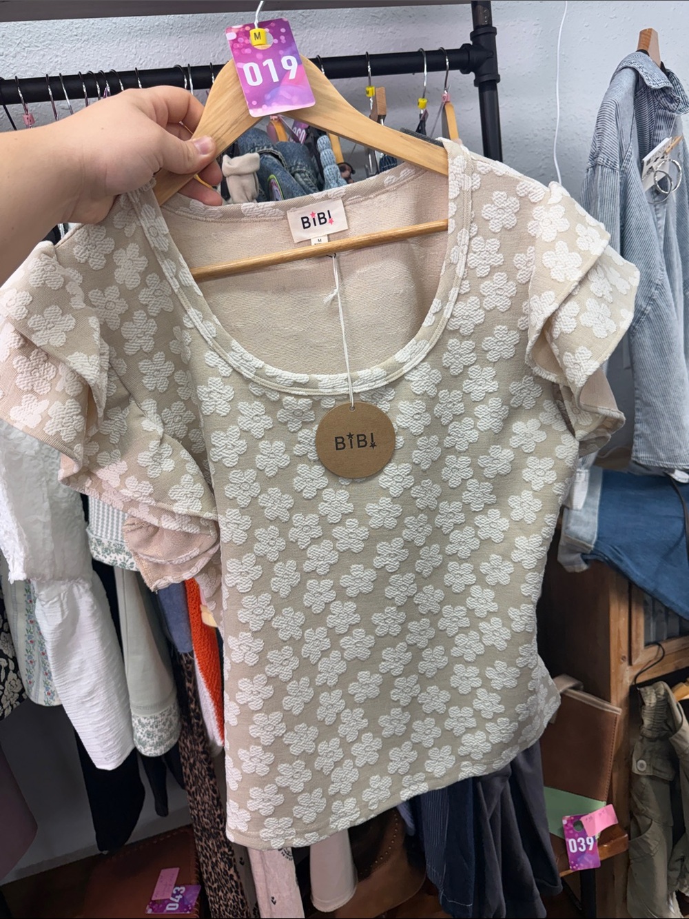 BiBi Beige Floral Lace Scoop Neck Flutter Sleeve Top